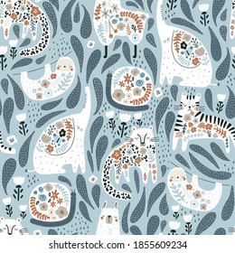 Seamless pattern with cute floral elephant, llama, sloth, tiger, cheetah, snail. Creative blooming texture. Great for fabric, textile Vector Illustration