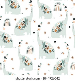 Seamless pattern with cute floral elephants. Creative blooming texture. Great for fabric, textile Vector Illustration