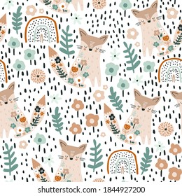 Patrón sin foco con zorros florales bonitos, arcos y texturas dibujadas a mano. Textura creativa floreciente. Excelente para tela, vectores textiles Ilustración