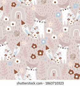 Seamless pattern with cute floral foxes, rainbows and hand drawn textures. Creative blooming texture. Great for fabric, textile Vector Illustration