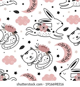 seamless pattern with cute floral hare and cat 