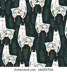 Seamless pattern with cute floral llamas. Creative blooming texture. Great for fabric, textile Vector Illustration