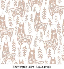 Seamless pattern with cute floral llamas. Creative blooming pastel texture. Great for fabric, textile Vector Illustration