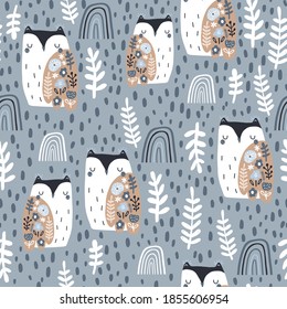 Seamless pattern with cute floral owls and hand drawn textures. Creative blooming texture. Great for fabric, textile Vector Illustration