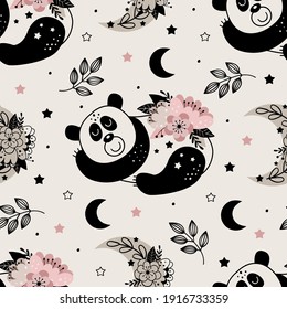seamless pattern with cute floral panda