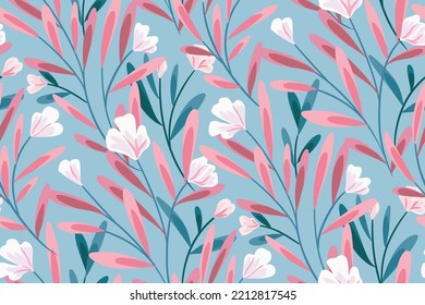 Seamless pattern, cute floral print with gentle garden. Abstract botanical arrangement of hand drawn branches with small pink flowers, leaves on a light blue background. Vector illustration.