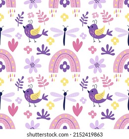 Patrón sin foco con una adorable floral, arco iris, pájaro, hojas sobre un fondo blanco. Para el diseño de papeles pintados, textiles, papel de envoltura, ropa, camisetas, almohadas, bolsas.