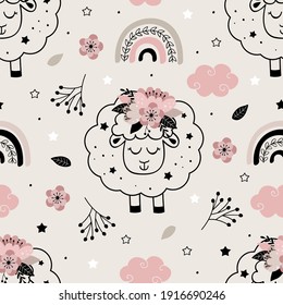 seamless pattern with cute floral sheep and rainbow