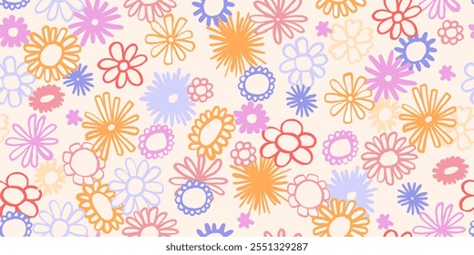 Seamless pattern with cute floral simple doodle botanical art. Flowers kid style drawings.  Spring, summer childish blosooms.