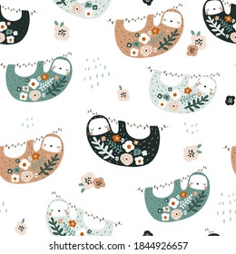 Seamless pattern with cute floral sloths. Creative blooming texture. Great for fabric, textile Vector Illustration