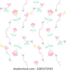 Seamless Pattern Cute Floral Spring summer, green ivy and flower plant, garden nature heart leaves in pastel color. Design for Wrapping paper, interior tile flooring, wallpaper. Vector. Drawing hand.