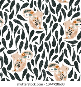 Seamless pattern with cute floral squirrels. Creative blooming texture. Great for fabric, textile Vector Illustration