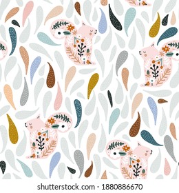 Seamless pattern with cute floral squirrels. Creative blooming texture. Great for fabric, textile Vector Illustration