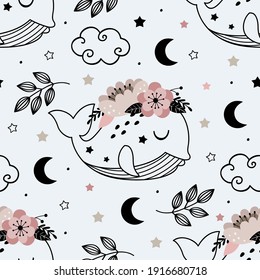 seamless pattern with cute floral whale
