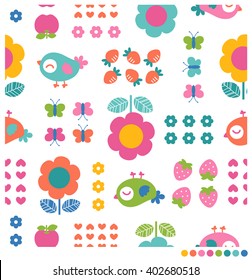 Seamless pattern of cute flower, bird, butterfly, apple, strawberry, carrot, heart  for kids style design
