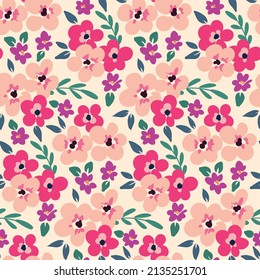 Seamless pattern with cute flower bouquets. Romantic floral print, gently botanical surface with small pink flowers, leaves, simple hand drawn plants. Vector illustration.