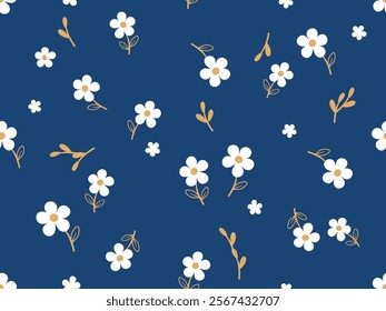 Seamless pattern with cute flower and branch on blue background vector.