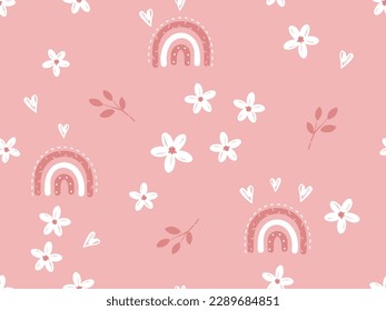 Seamless pattern with cute flower, branches and rainbows on pink background vector illustration.