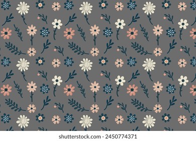 Seamless pattern of cute flower branches with leaves on gray background. Vector illustration