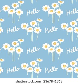 Seamless pattern of cute flower daisy with hello text background.Cartoon hand drawn.Floral.Image for card,poster,baby clothing.Kawaii.Vector.Illustration.