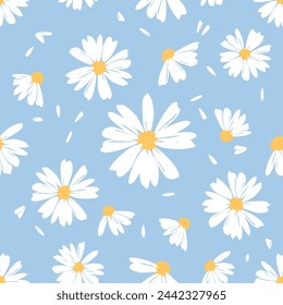 Seamless pattern with cute flower and flying petal on blue background vector. 