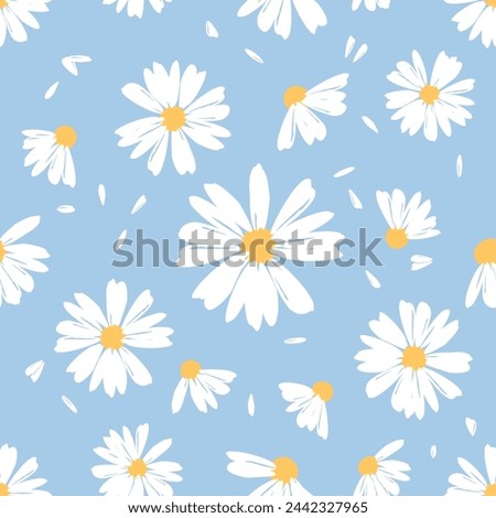 Seamless pattern with cute flower and flying petal on blue background vector. 