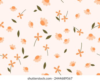 Seamless pattern with cute flower and green leaves on orange background vector.