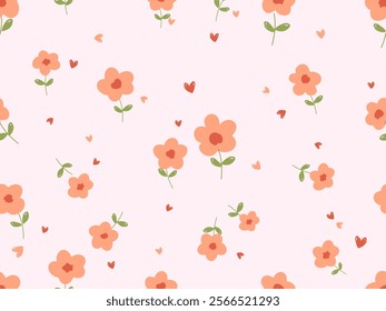 Seamless pattern of cute flower with green leaves and small hearts on pink background vector.