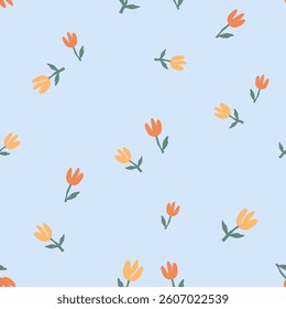 Seamless pattern of cute flower with green leaves on blue background vector. 