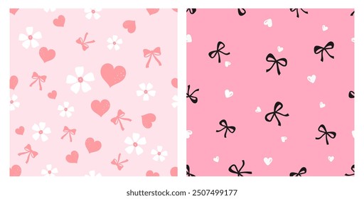 Seamless pattern with cute flower, heart and ribbon bow on pink backgrounds vector.