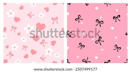 Seamless pattern with cute flower, heart and ribbon bow on pink backgrounds vector.
