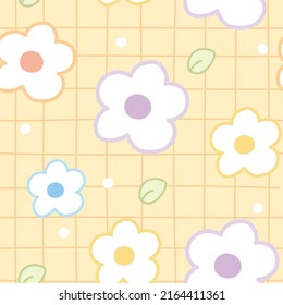 Seamless pattern of cute flower with leaf in cartoon style.Image for wallpaper,card,banner,kid product,sticker.Kawaii.Hand drawn.Vector.Illustration.