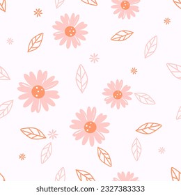 Seamless pattern with cute flower and leaves on pastel pink background vector illustration.