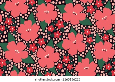 Seamless pattern with a cute flower meadow, small pink flowers, leaves, peas on a green field. Modern floral print, pretty botanical background with hand drawn plants. Vector.