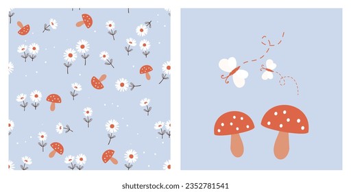 Seamless pattern with cute flower and mushroom on blue background. Mushroom icon and butterfly cartoons vector illustration.