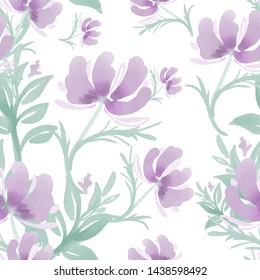 Seamless pattern with cute flower on white background. Vector illustration  in watercolor style.