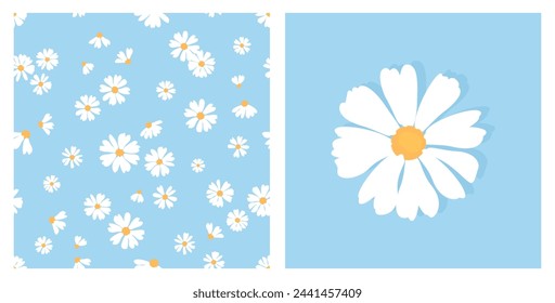 Seamless pattern with cute flower on blue background vector. White flower icon sign vector, cute floral print.