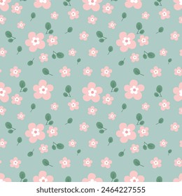 Seamless pattern with cute flower on green mint background vector illustration. Sweet floral print.