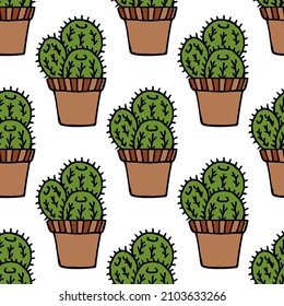 Seamless pattern with cute сacti in flower pots on white background. Doodle style. Vector image.