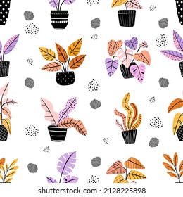 Seamless pattern with cute flower pots. Funny cartoon vector  in scandinavian style.  Simple modern style. Delicate cute texture. All elements are hidden under mask