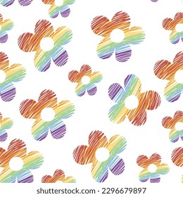 Seamless pattern of cute flower rainbow color on white background.Pride month concept.Floral print screen.Kawaii.Vector.Illustration.