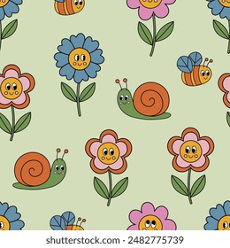 seamless pattern with  cute flower, snail, bee