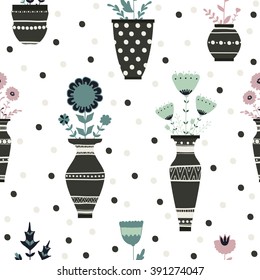 Seamless pattern with cute flowerpots. Nature,spring.  All elements are  hidden under mask. Pattern are not cropped and can be edited. Cute vector illustration. Gardening, flower pots. Home. Cosiness.