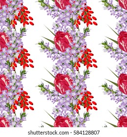 Seamless pattern with cute flowers and berries . Hand-drawn floral background for textile, cover, wallpaper, gift packaging, printing, scrapbooking.Romantic design for calico.