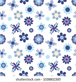 Seamless pattern with cute flowers in blue tones, vector