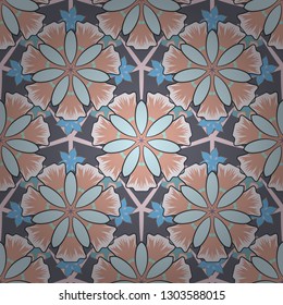 Seamless pattern with cute flowers in blue, gray and beige colors. Vector illustration.