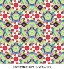 Seamless pattern with cute flowers in blue, pink and brown colors. Spring vintage floral background. Beautiful vector texture.