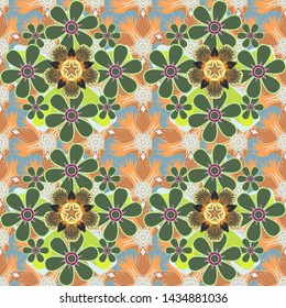 Seamless pattern with cute flowers in blue, orange and green colors. Vector illustration.