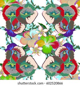 Seamless pattern with cute flowers in blue and green colors. Vector illustration.