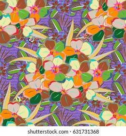 Seamless pattern with cute flowers in blue and green colors. Vector illustration.